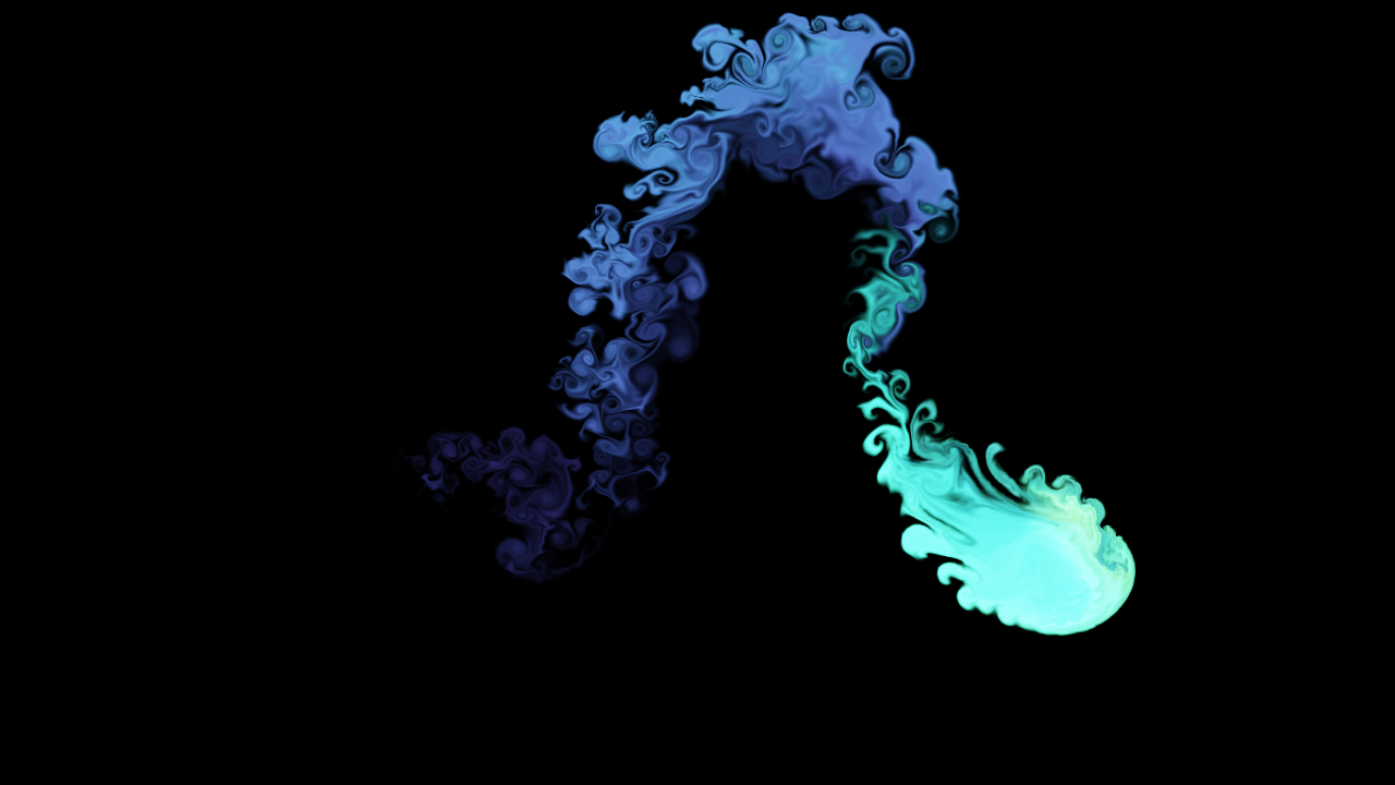A flowing ribbon of blue and turquoise fluid against a black desktop