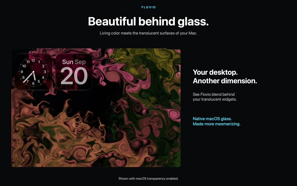 Beautiful behind glass. Pink and gold color blends behind translucent macOS clock and calendar widgets.